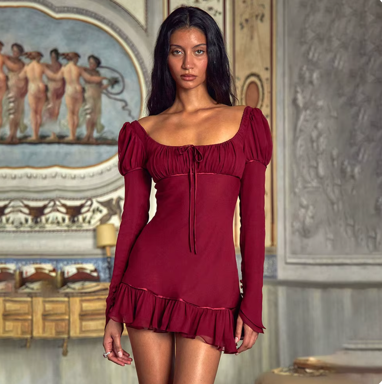 Unleash your bold and luxurious side with the Verona Micro Dress. This stunning mini dress features shirring on the bust, sleeves, and ruffle hem for a flattering fit. With an adjustable neckline and functional sleeve buttons, this dress exudes sophistication. Elevate your style and embrace the adventure with this exclusive piece!