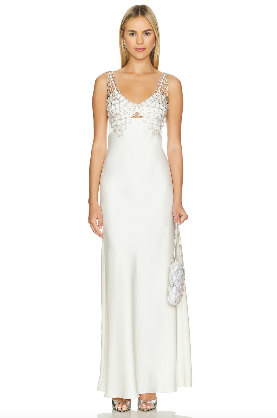 Indulge in luxurious elegance with the self-portrait Cream Satin Diamante Bralette Maxi Dress. Crafted from soft satin and embellished with sparkling diamantes, this dress is a true showstopper. Perfect for upscale events, it will make you feel like the belle of the ball.