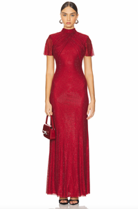 Indulge in pure elegance with the Red Rhinestone Maxi Dress by Self-Portrait! This stunning dress features a rhinestone-studded fishnet design that adds a liquid-like finish. The timeless mock neck and flared skirt create a statuesque silhouette, guaranteed to turn heads. Complete the look with our statement earrings for added sparkle.