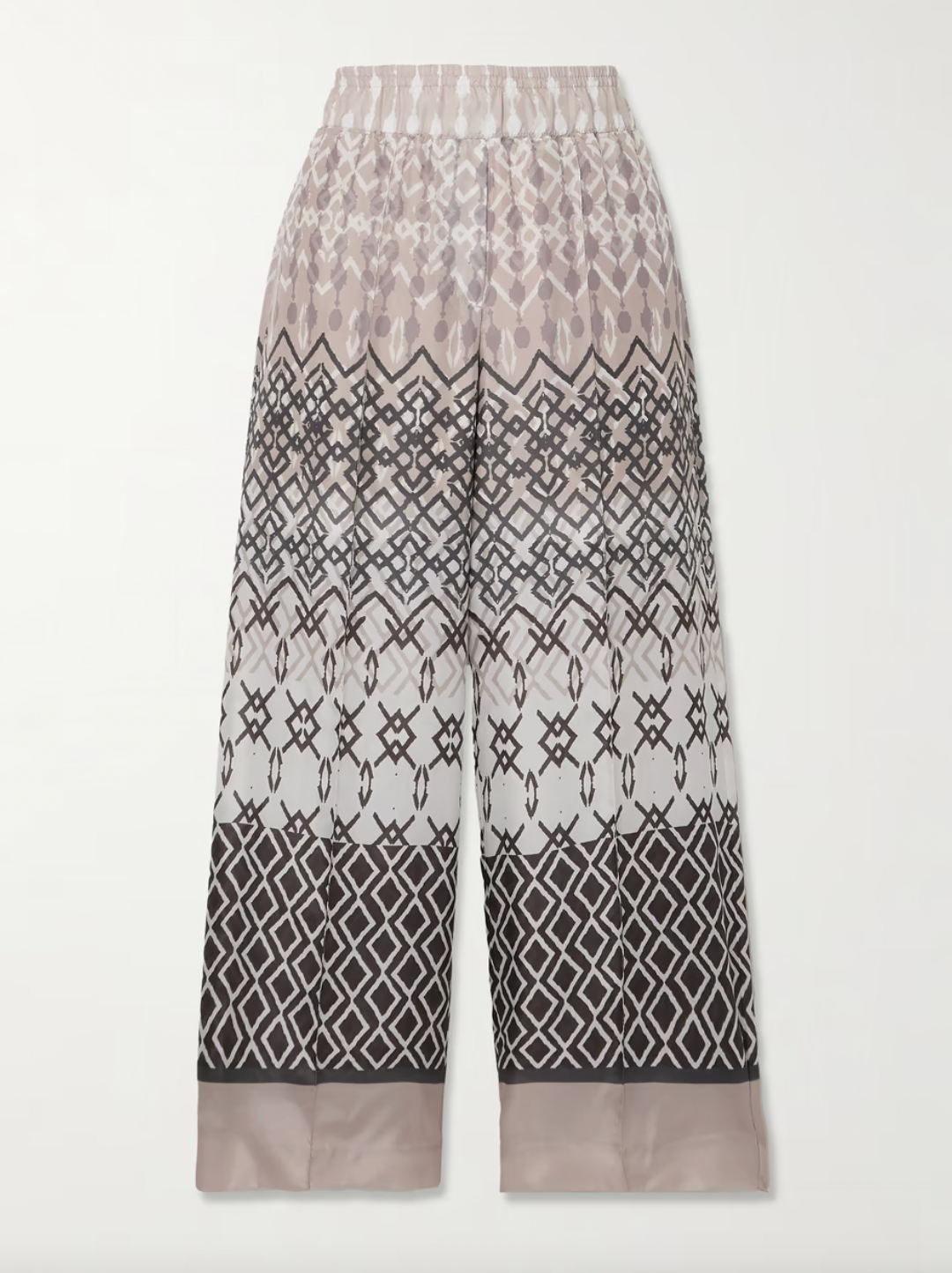 Expertly crafted by Brunello Cucinelli, these wide-leg pants are made from luxurious pure silk-voile for ultimate comfort. The elasticated waistband and neutral geometric pattern make them perfect for any vacation ensemble. Enjoy a stylish and comfortable look with these printed pants.