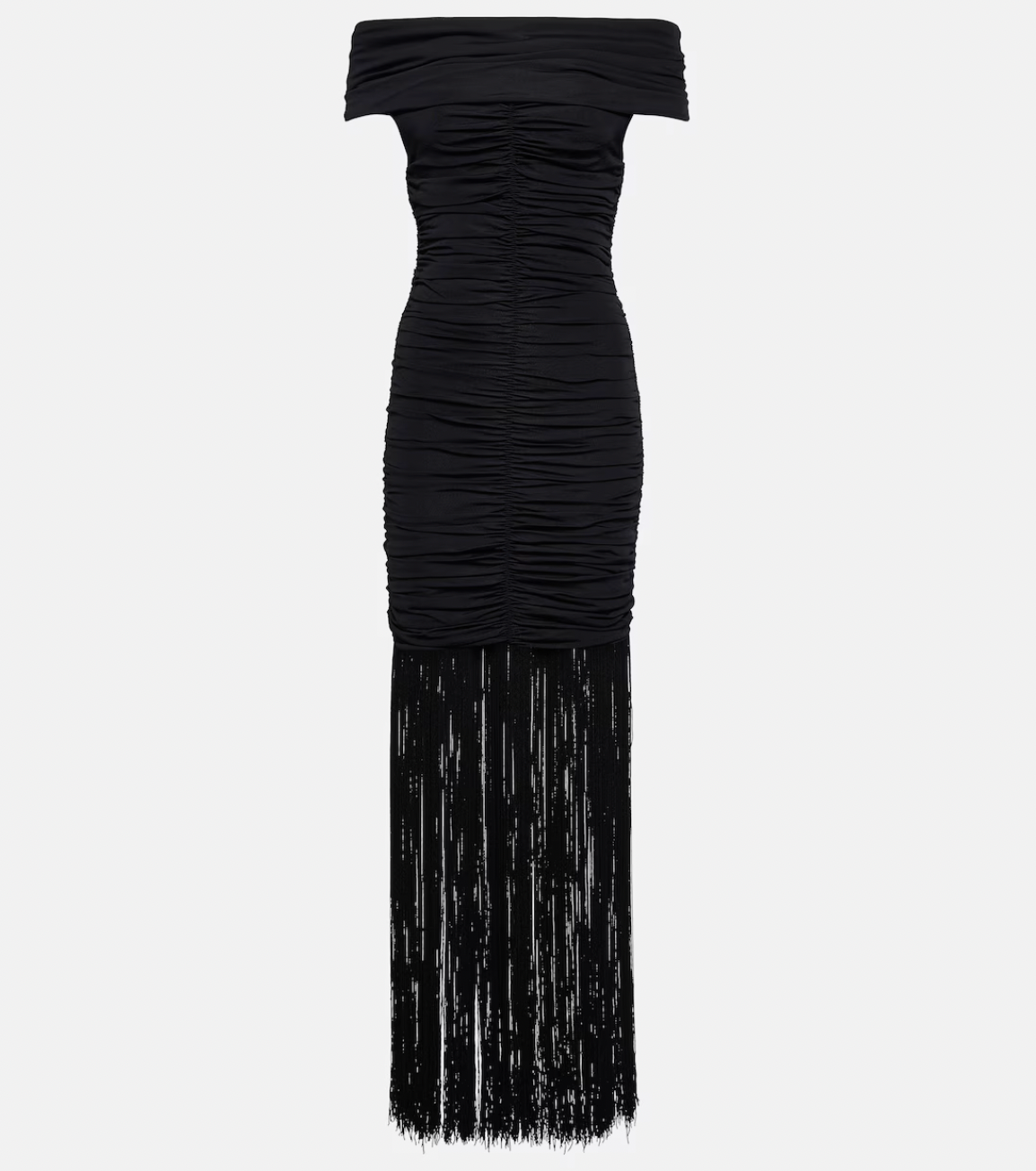 Introducing the Jacinta Maxi Dress by Khaite - a fusion of elegance and modernity. This luxurious slip-on dress boasts an off-shoulder neckline, adorned with long fringes and full ruching for a flattering silhouette. Perfect for any special occasion, elevate your style with this sophisticated must-have.