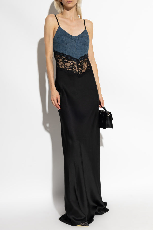 Experience the epitome of elegance with the Maxi Dress in Satin &amp; Denim by Blumarine. This one-of-a-kind creation boasts a floor-length silhouette, delicate straps, and a denim upper contrasted with a smooth satin lower half. A black lace belt adds a touch of sensuality, while delicate stitching enhances the refined structure. Indulge in the exclusivity and sophistication of this mixed fabrics dress.