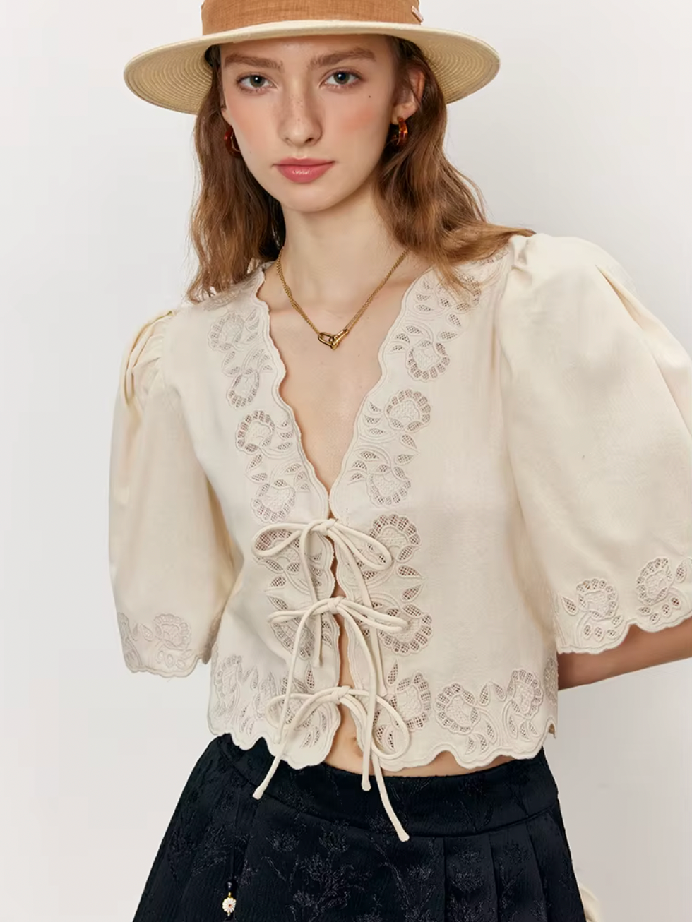 Feel confident and stylish in the Solene Blouse! This elegant top features a high street design with a trendy v-neck and delicate lace details. Perfect for summer, this blouse will make you stand out with its sweet girl charm. Elevate your wardrobe with this must-have casual piece.