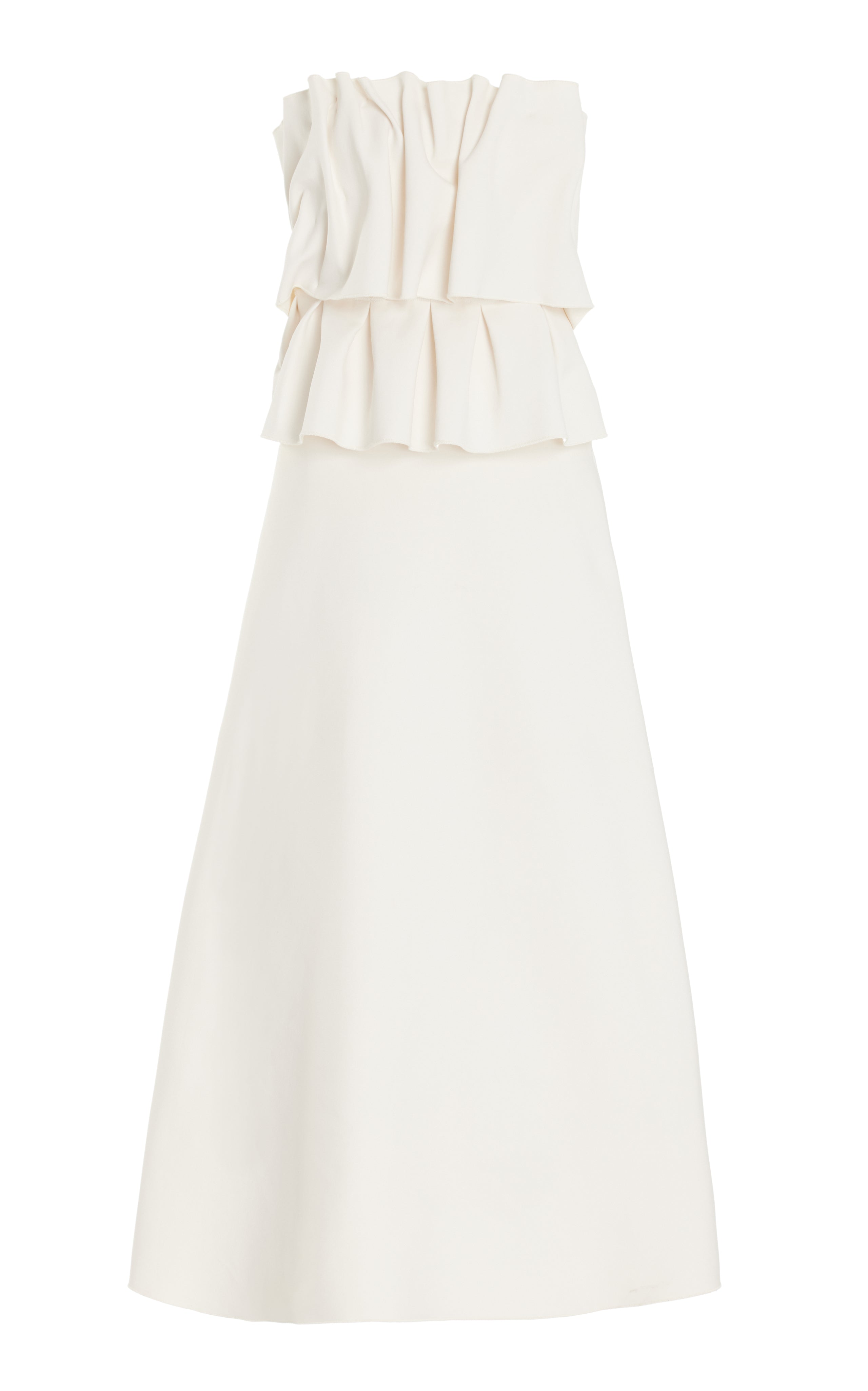 Indulge in effortless elegance with the Ruffled Stretch-Crepe Strapless Midi Dress by House of Dagmar. Made of soft, stretch-crepe fabric, this dress flatters your figure with a gathered bodice and cascading ruffles, while its A-line silhouette exudes grace and sophistication. Perfect for any occasion.