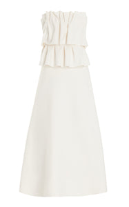 Indulge in effortless elegance with the Ruffled Stretch-Crepe Strapless Midi Dress by House of Dagmar. Made of soft, stretch-crepe fabric, this dress flatters your figure with a gathered bodice and cascading ruffles, while its A-line silhouette exudes grace and sophistication. Perfect for any occasion.