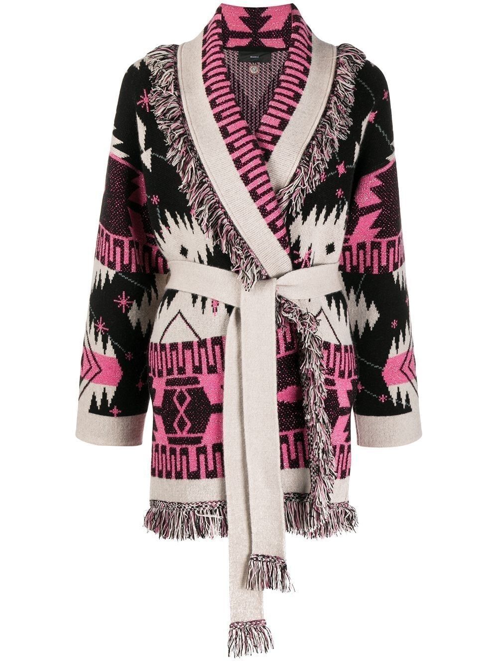 Elevate your wardrobe with the Cosmic-pattern fringed-edge cardigan. This signature style is perfect for all your adventures, crafted from 100% cashmere and featuring a two-tone tie belt and multicolored fringed edges. With its Iconic Alanui Pattern and double jacquard knit, this luxurious cardigan is a timeless addition to any outfit.