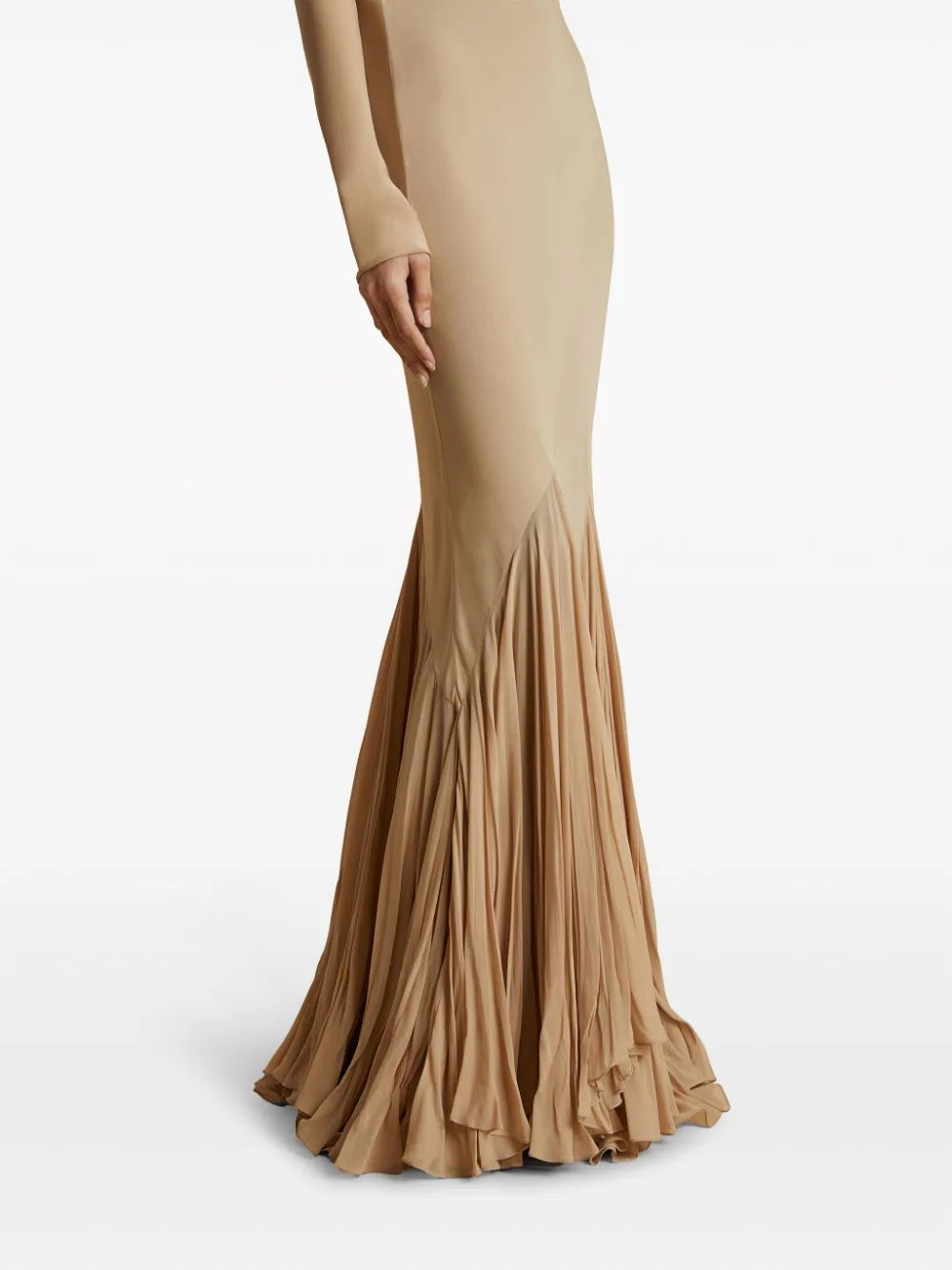 Indulge in luxury with the Metin silk maxi dress by Khaite. Crafted from fine beige silk, this exquisite dress features intricate cut-out and pleat detailing. The bias cut and cowl neck add an elegant touch, while the rear button fastening and long sleeves offer a perfect fit. The ruffle hem and floor-length design exude sophistication and grace.