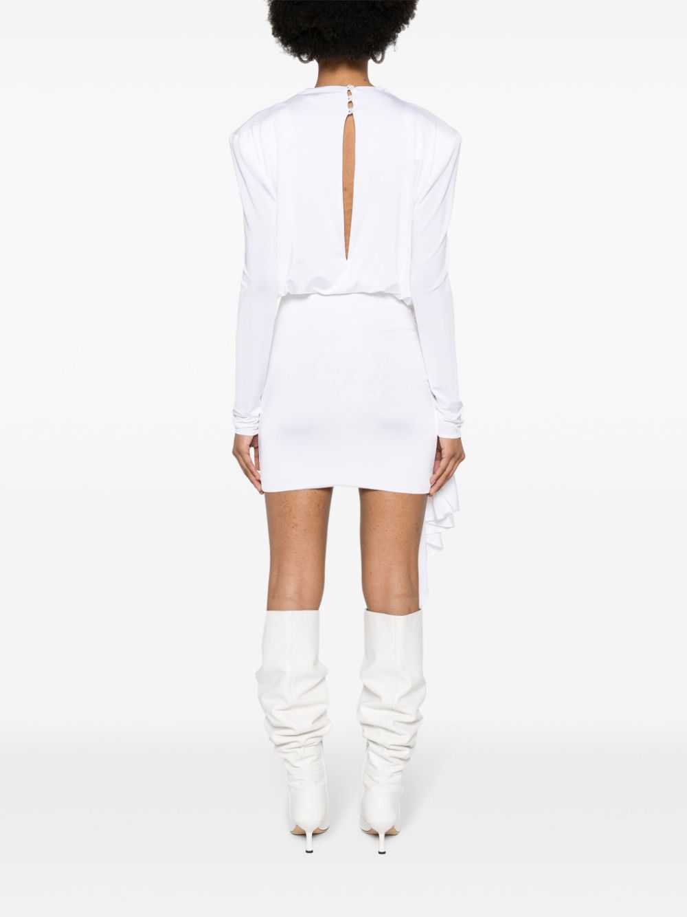 Chic and refined, Magda Butrym’s mini dress seamlessly slots into cocktail dress codes. It’s crafted with a touch of stretch and creates a commanding silhouette with removable shoulder pads. For the minimalist at heart, sleekly styled hair and a touch of jewellery are all you’ll need to complete the look.