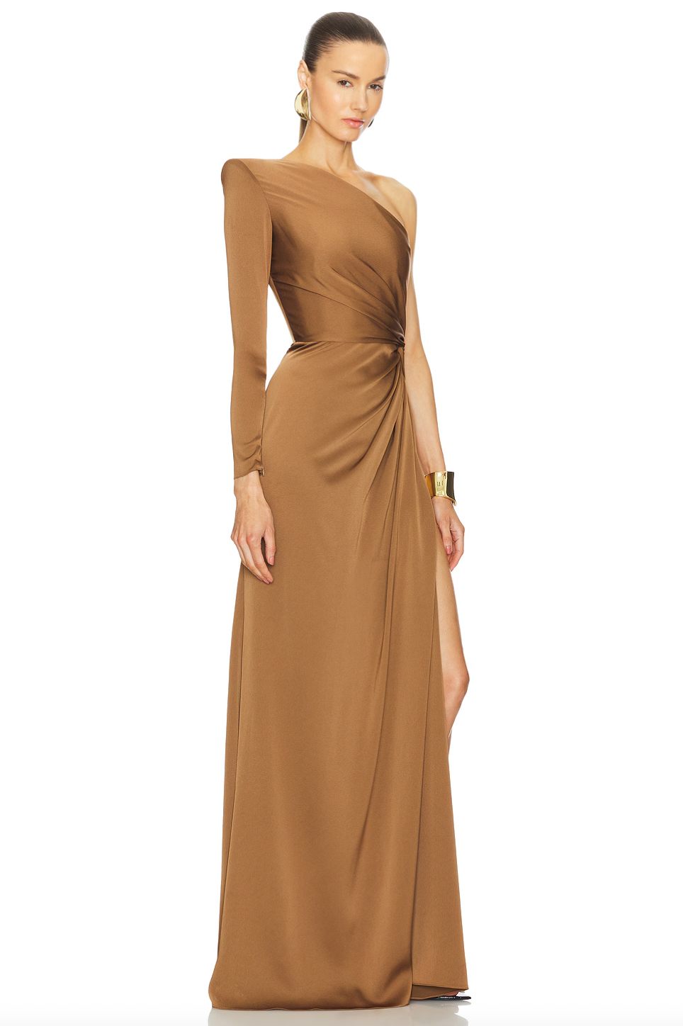 The One Sleeve Twist Gown by Alex Perry features a boned corset lining for a flattering and secure fit. The hidden back zipper closure ensures a seamless look, while the one-shoulder styling with a padded shoulder adds a touch of sophistication. Look and feel your best in this modern twist on a classic silhouette.