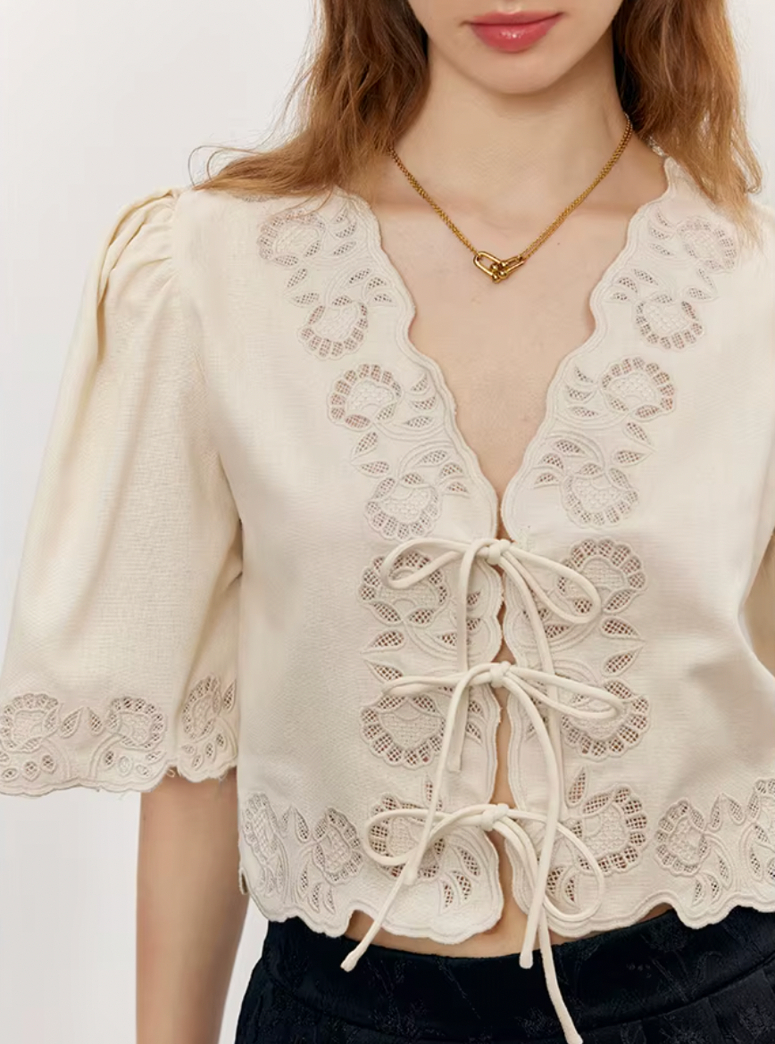 Feel confident and stylish in the Solene Blouse! This elegant top features a high street design with a trendy v-neck and delicate lace details. Perfect for summer, this blouse will make you stand out with its sweet girl charm. Elevate your wardrobe with this must-have casual piece.