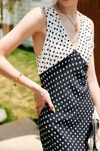 Introducing the Britta Dress, your new retro revival go-to. With a flattering V-neck and contrasting polka dot print, this dress is both fun and sophisticated. The unique neckline add an elegant touch to this must-have piece. Elevate your style with the Britta Dress.