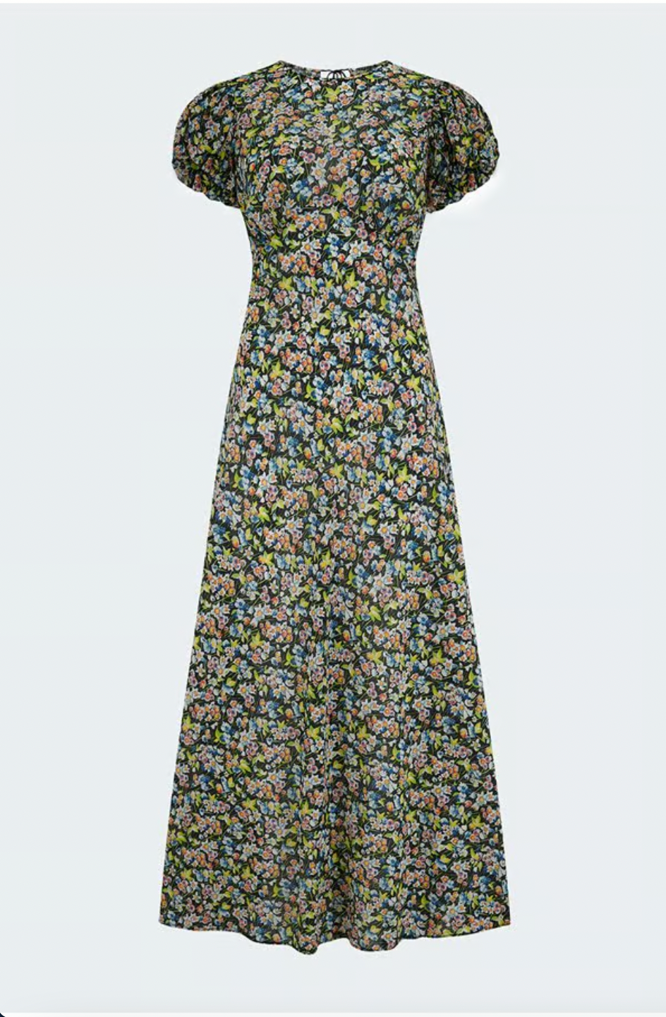 Indulge in effortless elegance with the DÔEN's ditsy floral dress. With delicate puffed sleeves and a flowy fit, this cotton silhouette falls just above the ankle for a chic and easy wear. Featuring a round neckline and tie detail at the back, it's perfect for any occasion - from chic ballet flats to stylish heels.