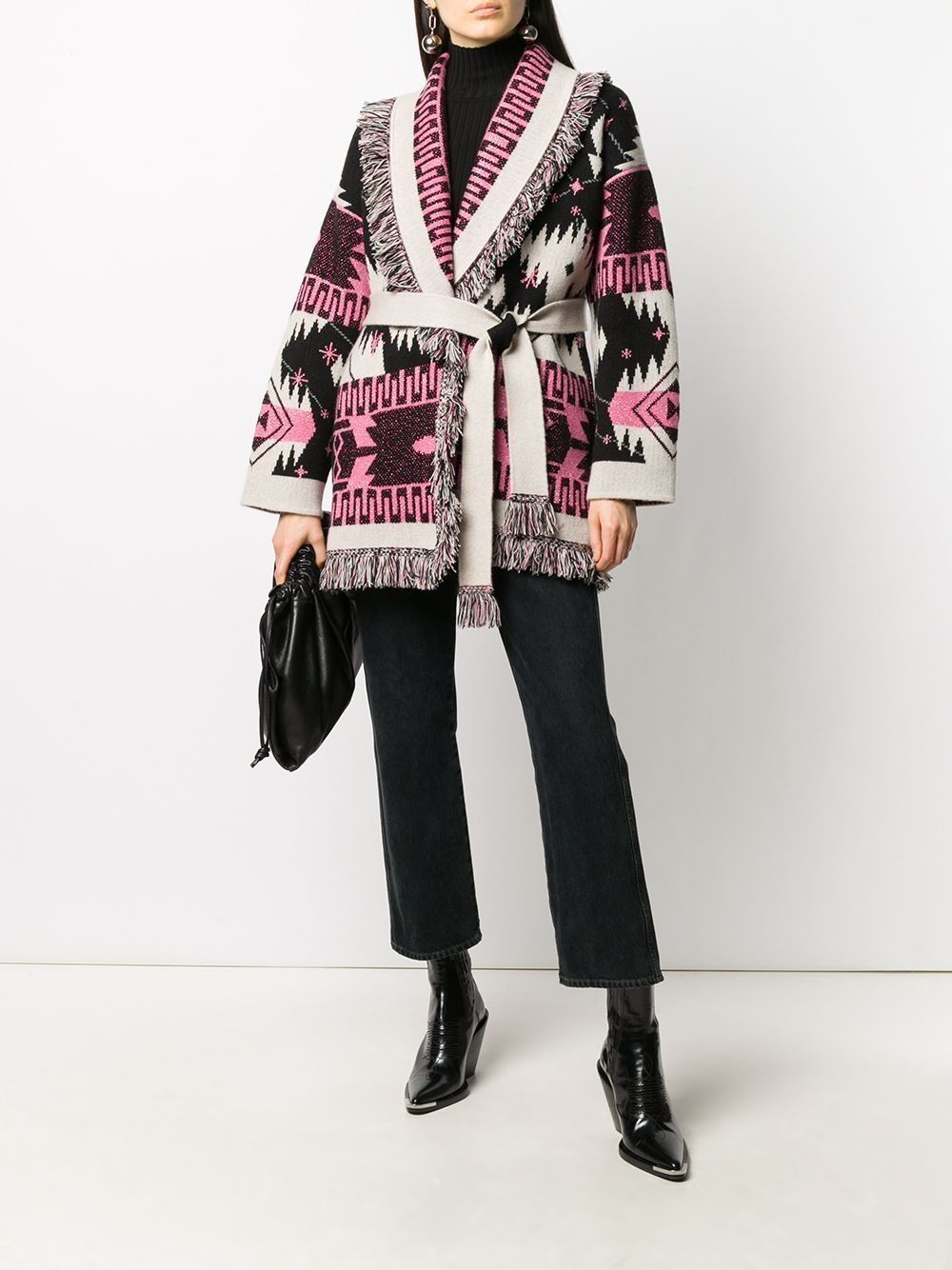 Elevate your wardrobe with the Cosmic-pattern fringed-edge cardigan. This signature style is perfect for all your adventures, crafted from 100% cashmere and featuring a two-tone tie belt and multicolored fringed edges. With its Iconic Alanui Pattern and double jacquard knit, this luxurious cardigan is a timeless addition to any outfit.