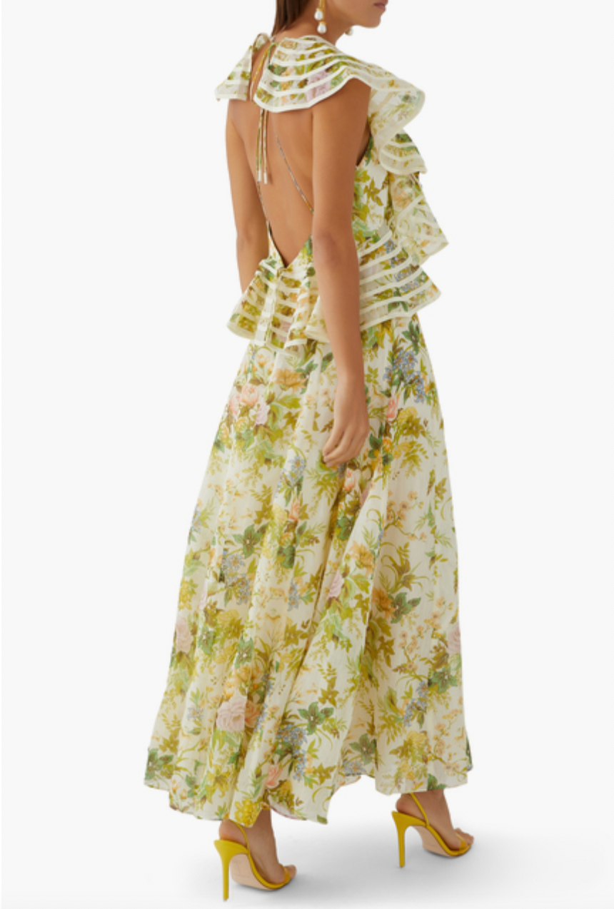 Introducing Dress Eden - the perfect blend of elegance and playfulness. Enjoy the summer breeze in this floral print long dress featuring an elegant O neck and playful sleeveless design. With charming ruffle details and flattering pleats, this dress is sure to turn heads. (Limited stock, grab yours now!)