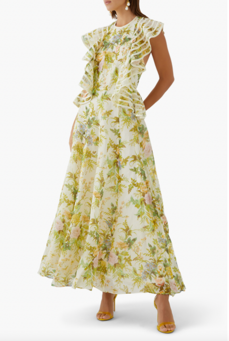 Introducing Dress Eden - the perfect blend of elegance and playfulness. Enjoy the summer breeze in this floral print long dress featuring an elegant O neck and playful sleeveless design. With charming ruffle details and flattering pleats, this dress is sure to turn heads. (Limited stock, grab yours now!)