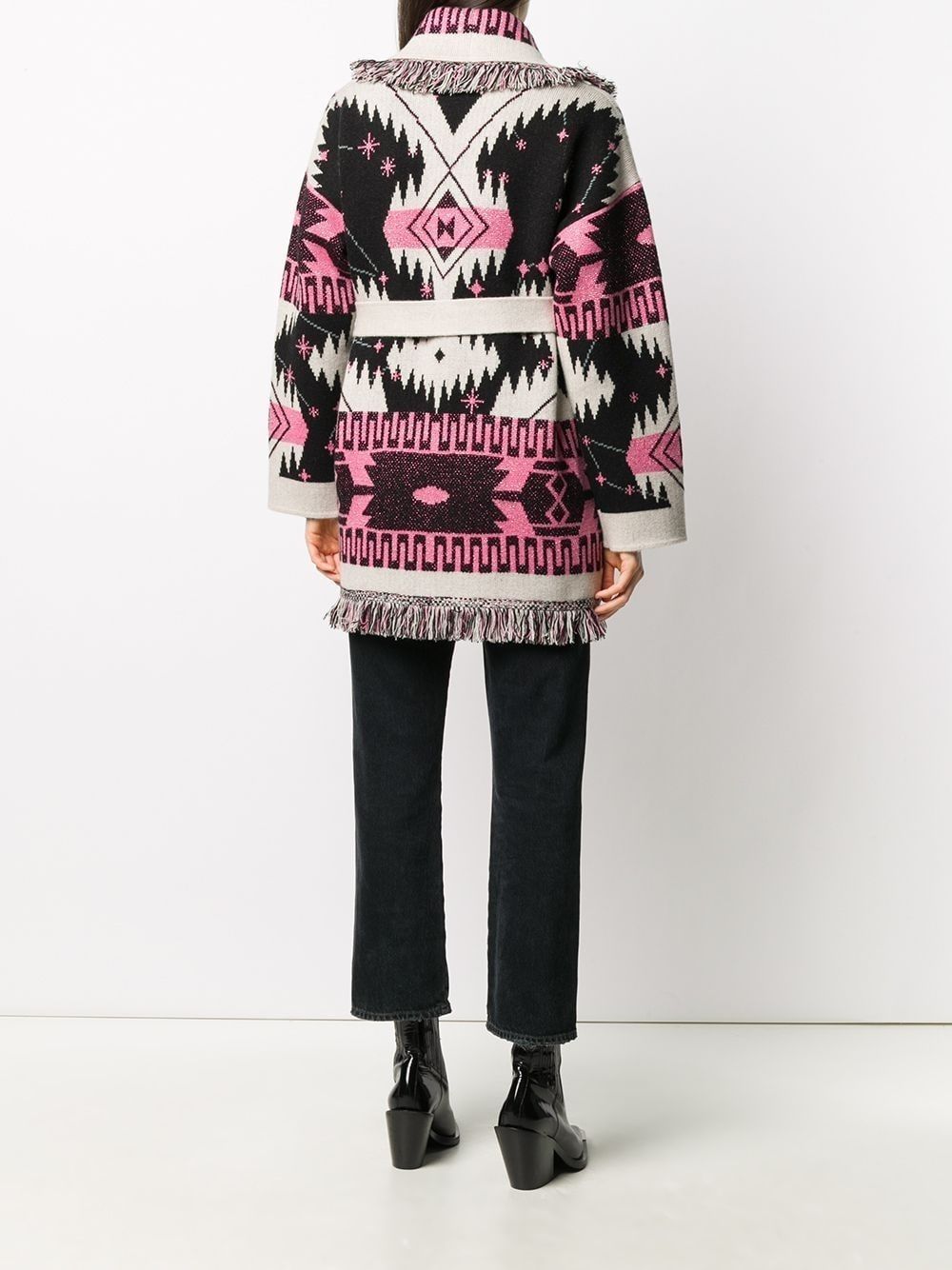 Elevate your wardrobe with the Cosmic-pattern fringed-edge cardigan. This signature style is perfect for all your adventures, crafted from 100% cashmere and featuring a two-tone tie belt and multicolored fringed edges. With its Iconic Alanui Pattern and double jacquard knit, this luxurious cardigan is a timeless addition to any outfit.