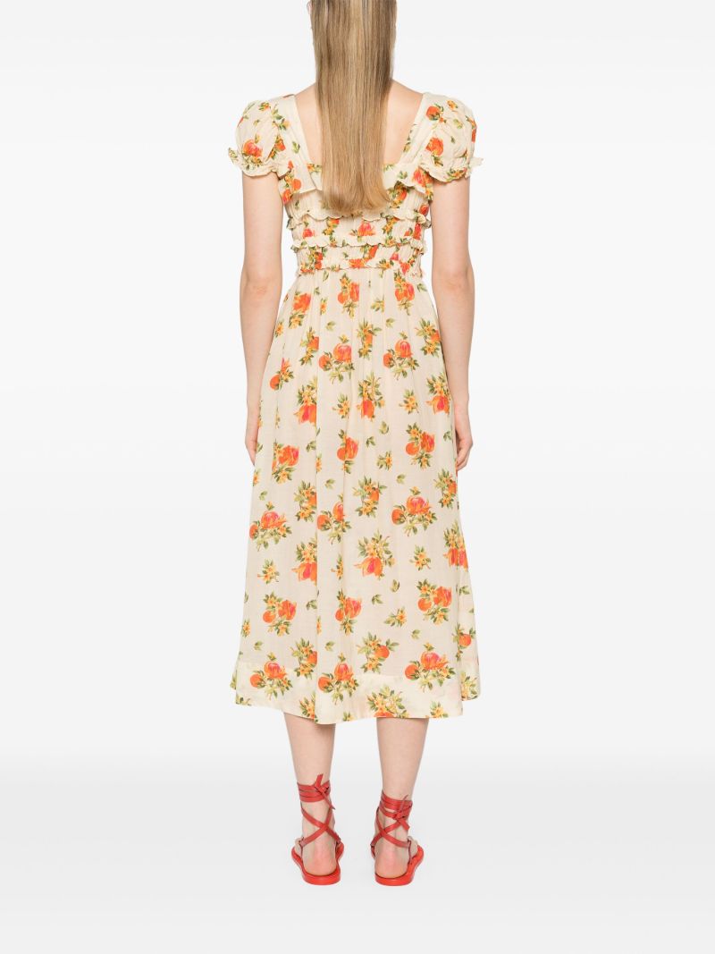 The Clarinet Floral-Print Midi Dress by Doen features a pale yellow floral print, a square neck, and short puff sleeves with elasticated cuffs. The smocked waist and bow detail at the front create a flattering silhouette. Perfect for adding a touch of spring to your wardrobe.