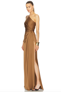 The One Sleeve Twist Gown by Alex Perry features a boned corset lining for a flattering and secure fit. The hidden back zipper closure ensures a seamless look, while the one-shoulder styling with a padded shoulder adds a touch of sophistication. Look and feel your best in this modern twist on a classic silhouette.