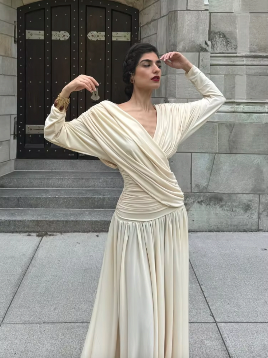 Introducing the Alma Maxi Dress, your go-to for effortless elegance! With a chic V-neck and backless design, this solid cross-pleated dress boasts full sleeves for a touch of sophistication. Perfect for any occasion, from high-street parties to casual outings, this fashion-forward dress will make you feel confident and stylish.