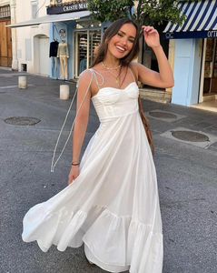 Get ready to turn heads in the Romina Dress! This stunning beach style dress boasts a feminine silhouette with white sling sleeves and a backless design. The lace-up decoration adds a touch of playful charm. Perfect for soaking up the sun in style.