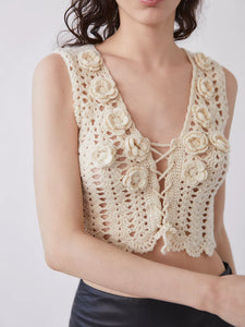 Introducing the Olivia Knitted Top! With a playful V-neckline and lace up front, this top is both flirty and functional. The crochet flower details add a touch of whimsy to any outfit. Perfect for a fun and casual look!