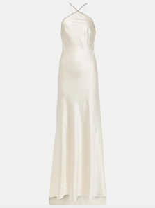 This Roland Mouret's Embellished Satin Gown exudes timeless sophistication. Made of luxurious silk satin, it features a stunning open back with lace-up detail and elegant A-Line silhouette. Perfect for any special occasion, this halter gown is designed to make you feel confident and beautiful.