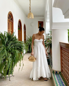 Get ready to turn heads in the Romina Dress! This stunning beach style dress boasts a feminine silhouette with white sling sleeves and a backless design. The lace-up decoration adds a touch of playful charm. Perfect for soaking up the sun in style.