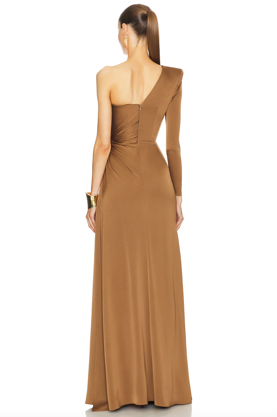 The One Sleeve Twist Gown by Alex Perry features a boned corset lining for a flattering and secure fit. The hidden back zipper closure ensures a seamless look, while the one-shoulder styling with a padded shoulder adds a touch of sophistication. Look and feel your best in this modern twist on a classic silhouette.