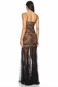 The Aliza Maxi Dress by Retrofete is a must-have for any event or occasion. Its lace detailing and sheer hem will make you feel confident and alluring, unleashing your inner goddess. This dress is designed to leave a lasting impression and make every moment unforgettable. Elevate your style and embrace your beauty with the Aliza Maxi Dress.