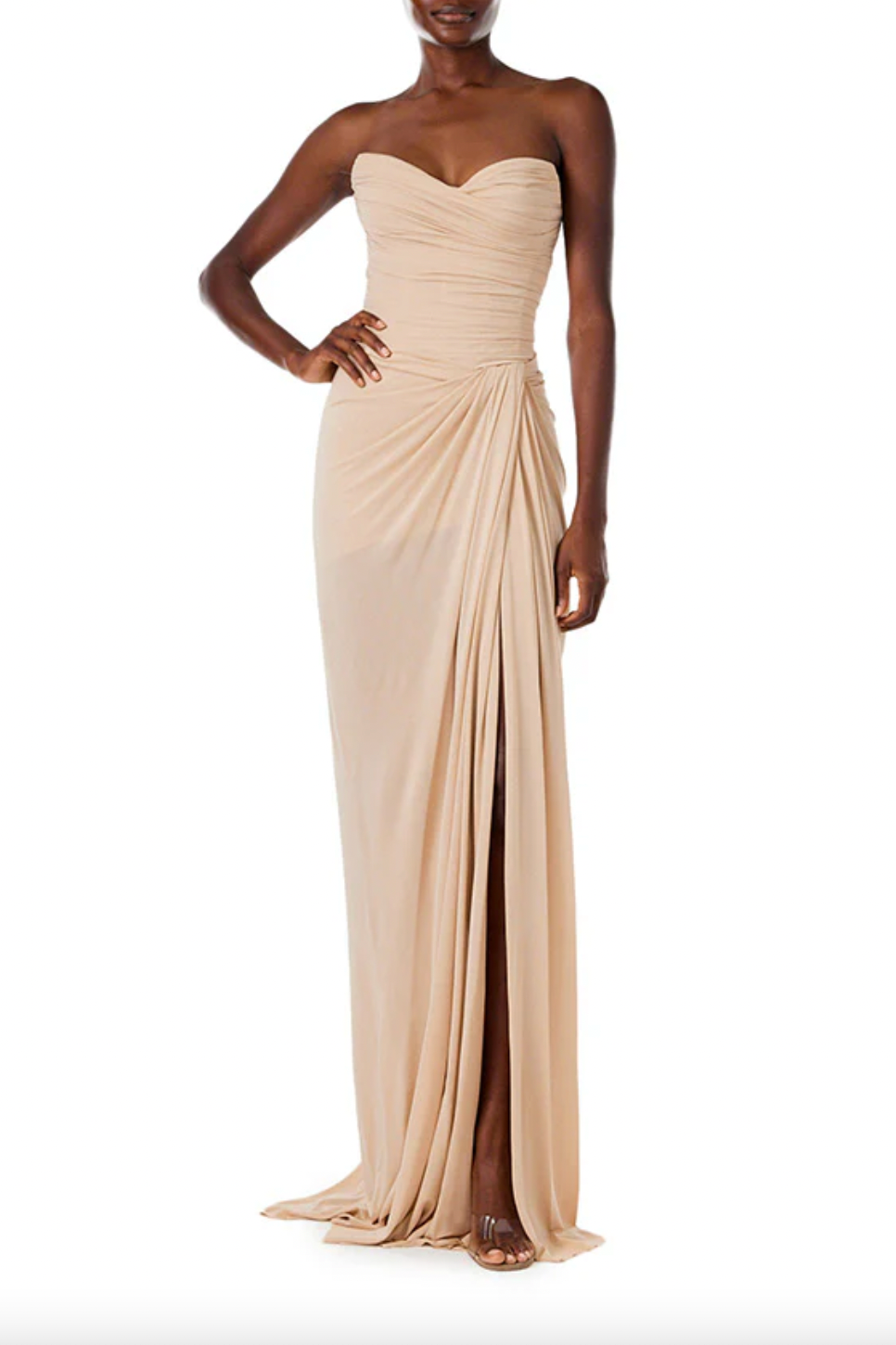 Strapless, side draped gown with sweetheart neckline and front slit in matte jersey.  Pair with the coordinating Floor Length Jersey Cape to complete the look