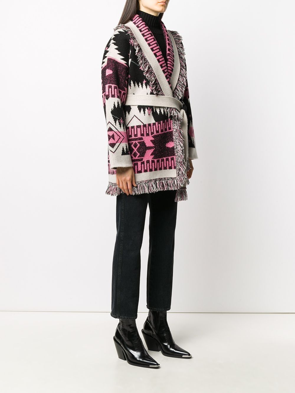 Elevate your wardrobe with the Cosmic-pattern fringed-edge cardigan. This signature style is perfect for all your adventures, crafted from 100% cashmere and featuring a two-tone tie belt and multicolored fringed edges. With its Iconic Alanui Pattern and double jacquard knit, this luxurious cardigan is a timeless addition to any outfit.