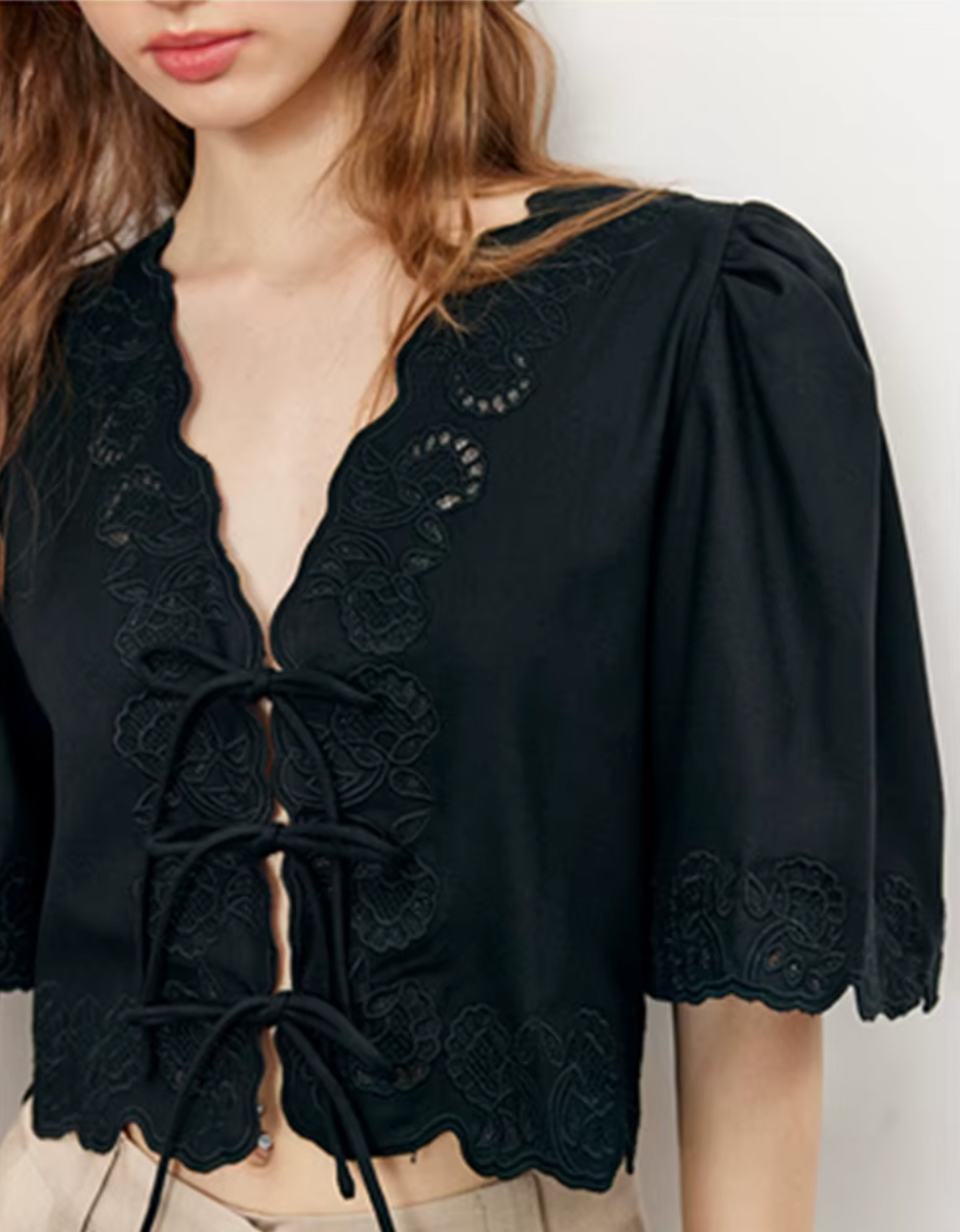 Feel confident and stylish in the Solene Blouse! This elegant top features a high street design with a trendy v-neck and delicate lace details. Perfect for summer, this blouse will make you stand out with its sweet girl charm. Elevate your wardrobe with this must-have casual piece.