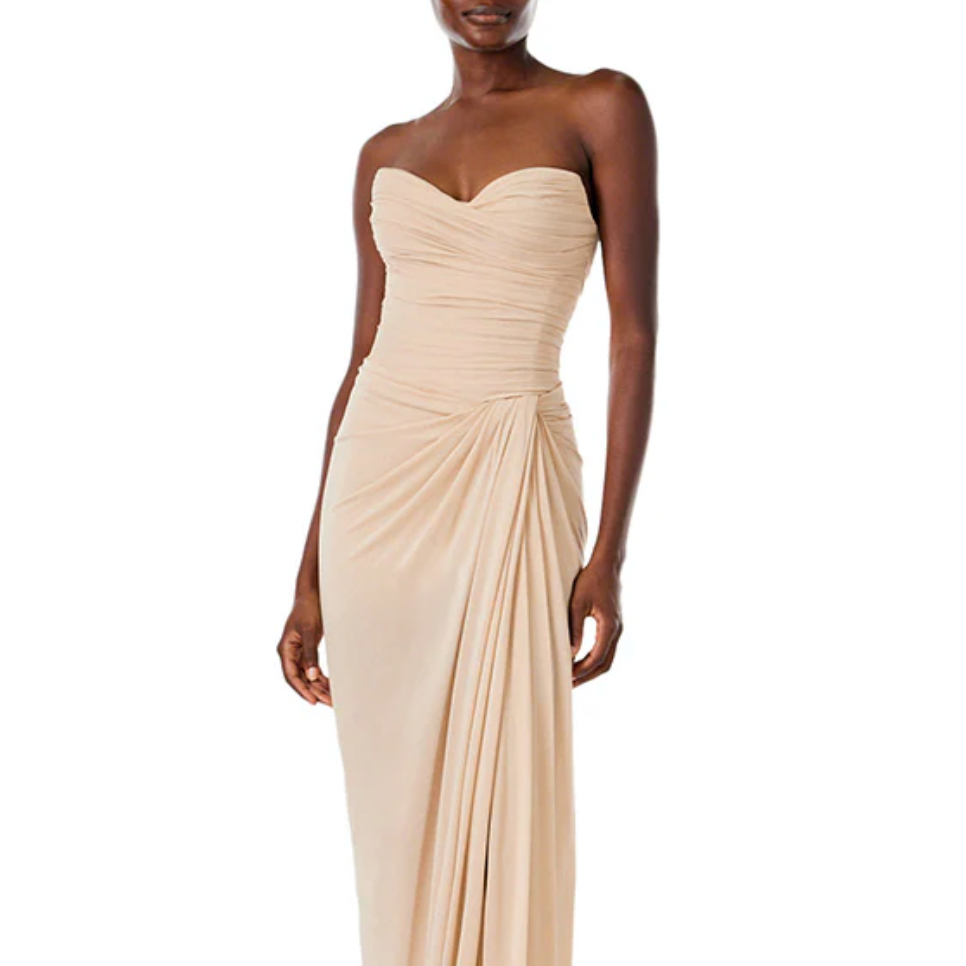 Strapless, side draped gown with sweetheart neckline and front slit in matte jersey.  Pair with the coordinating Floor Length Jersey Cape to complete the look