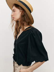 Feel confident and stylish in the Solene Blouse! This elegant top features a high street design with a trendy v-neck and delicate lace details. Perfect for summer, this blouse will make you stand out with its sweet girl charm. Elevate your wardrobe with this must-have casual piece.