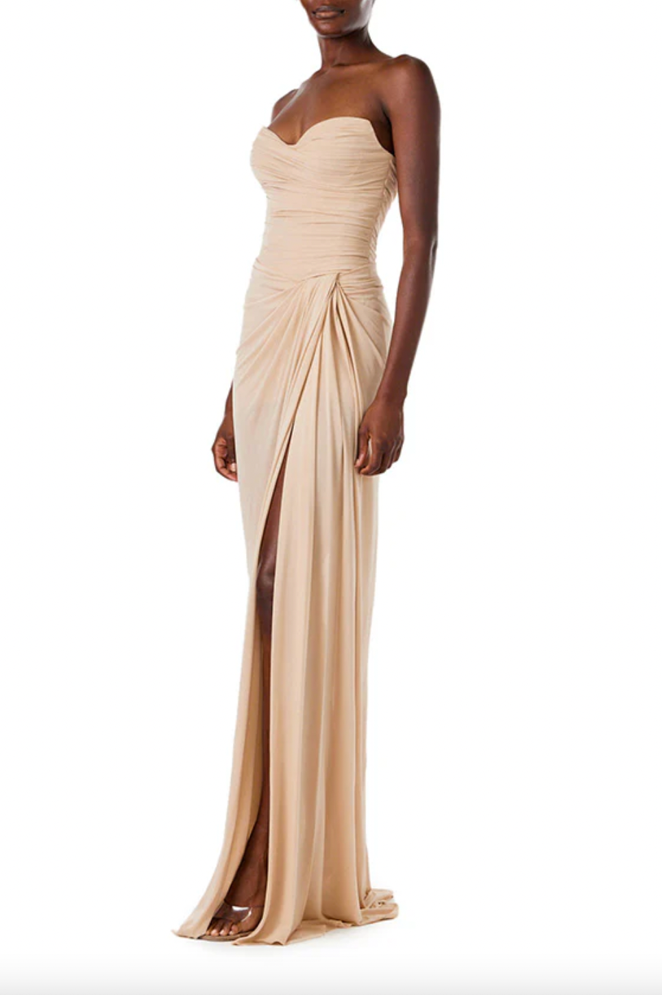 Strapless, side draped gown with sweetheart neckline and front slit in matte jersey.  Pair with the coordinating Floor Length Jersey Cape to complete the look