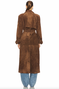 Elevate your style with the Corrin Suede Trench Coat by Ducie. Crafted from luxurious suede leather, this double breasted trench is complete with a storm flap and leather sash for a sophisticated touch. Its cocooning design and satin lining make it a timeless addition to your wardrobe.