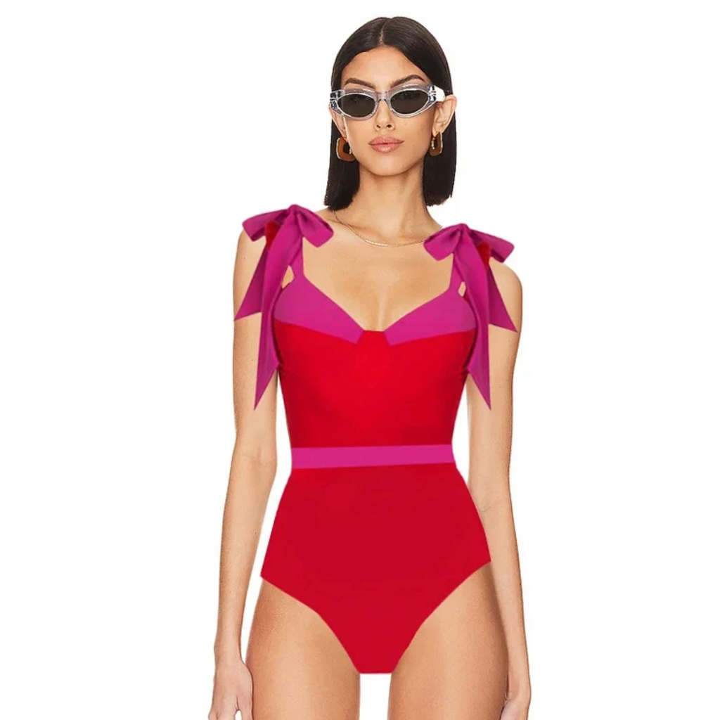 Introducing the Ensemble Ginna, the perfect swimsuit set for the summer season. Featuring a new retro design, adjustable straps for a comfortable fit, and a stylish color block pattern. Upgrade your swimwear game with this trendy and functional piece.