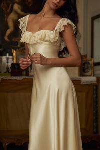 This elegantly designed Sonata Lady Length Dress features an off the shoulder neckline, adding a touch of femininity to your look. The bias cut of the dress and lace trim add a delicate and sophisticated touch. Designed for comfort and support, it includes silicone gripper elastic and boning on the upper bodice. Indulge in luxury and beauty with this dress!