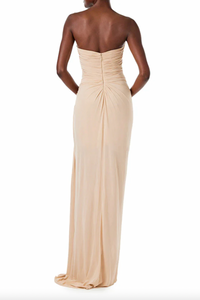 Strapless, side draped gown with sweetheart neckline and front slit in matte jersey.  Pair with the coordinating Floor Length Jersey Cape to complete the look