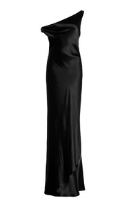 Indulge in luxury with the Ashanti draped satin maxi dress by STAUD. Its one-shoulder neckline and floor-grazing hem create an exclusive, elegant silhouette. Elevate your evening look with gold jewelry and embellished pumps.