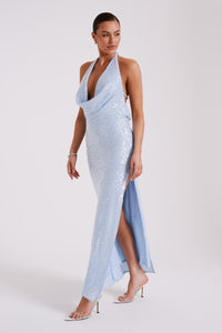 As a formal dress, the Blakely Maxi offers intricate sequin detailing and a halter neckline. Its ice blue color and glamorous design are perfect for any special event, instilling confidence and sophistication for the wearer.