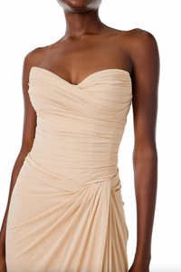 Strapless, side draped gown with sweetheart neckline and front slit in matte jersey.  Pair with the coordinating Floor Length Jersey Cape to complete the look