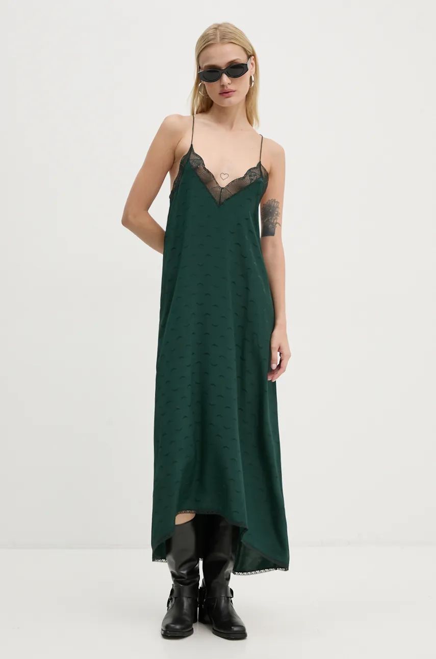 Indulge in utter opulence with the Zadig & Voltaire Risty Silk Dress. Crafted from rich emerald silk, this exquisite maxi dress boasts a charming jacquard wings pattern and intricate lace detailing. The alluring v-neckline, slim non-adjustable straps, and asymmetrical hemline only add to its allure.