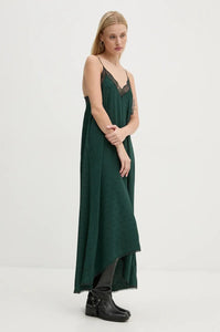 Indulge in utter opulence with the Zadig & Voltaire Risty Silk Dress. Crafted from rich emerald silk, this exquisite maxi dress boasts a charming jacquard wings pattern and intricate lace detailing. The alluring v-neckline, slim non-adjustable straps, and asymmetrical hemline only add to its allure.