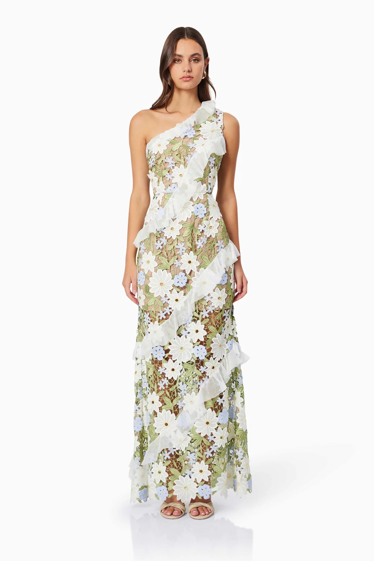 Elevate your ensemble with the Flora Lace Dress by Elliatt, perfect for galas, weddings, and soirées. Make a lasting impression in this One Shoulder Lace Maxi Dress crafted for the modern woman who values both style and sophistication. Command attention with confidence in this luxurious garment.