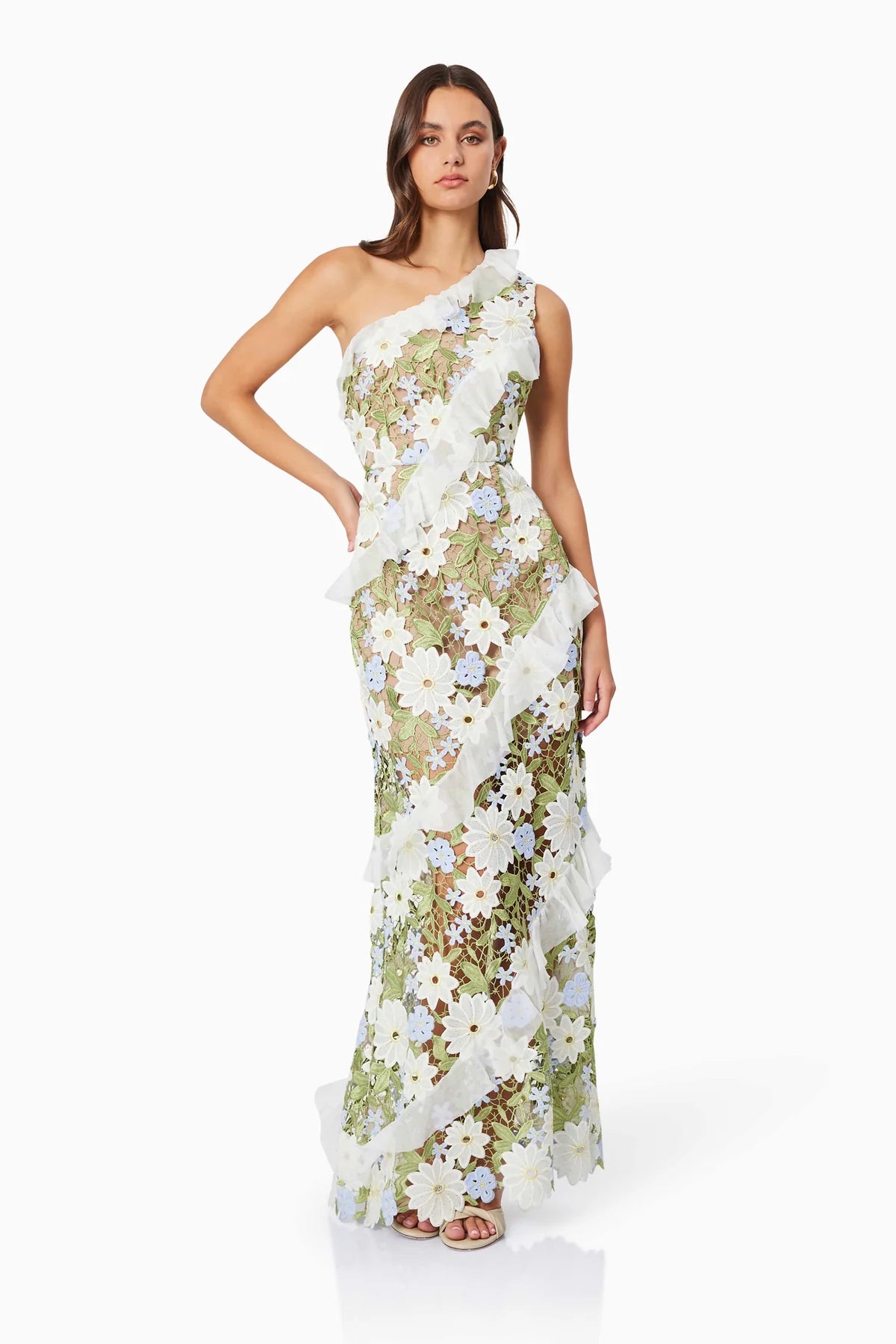 Elevate your ensemble with the Flora Lace Dress by Elliatt, perfect for galas, weddings, and soirées. Make a lasting impression in this One Shoulder Lace Maxi Dress crafted for the modern woman who values both style and sophistication. Command attention with confidence in this luxurious garment.