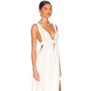 Discover the elegance of the Anjeli Empire Maxi Dress. Featuring a deep V-neck and spaghetti straps, this blackless dress will make you stand out. The hollow design adds a touch of modernity, while the skinny fit highlights your figure. Perfect for spring, this dress is a must-have for any fashion-forward woman.