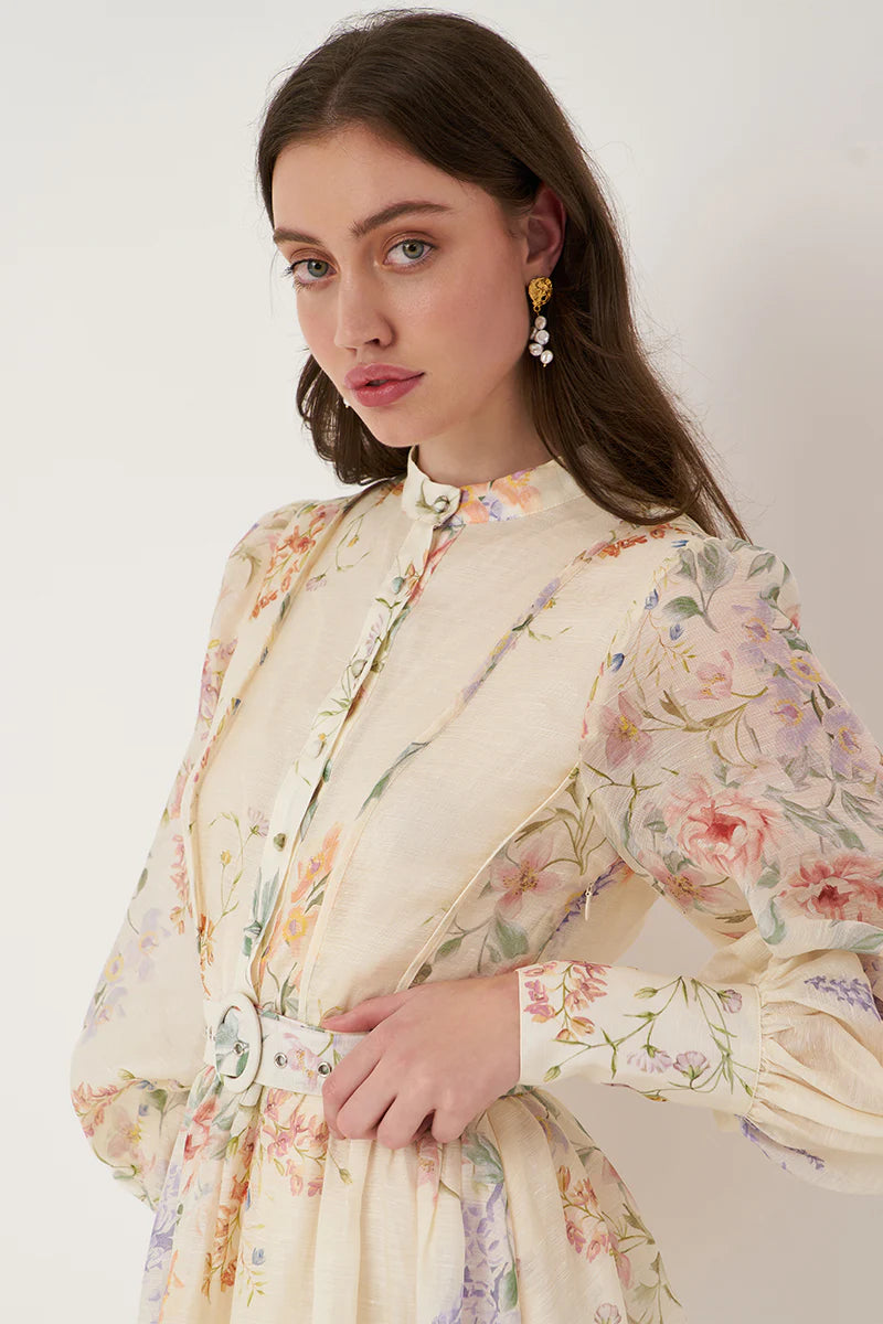 This season's Standout item - The Primrose Silk Maxi Dress in a classic button through panelled front design with a flattering mandarin collar and self fabricated belt complimented by wide full-length blouson sleeves and a maxi length skirt all crafted in premium quality silk-linen fabrication.