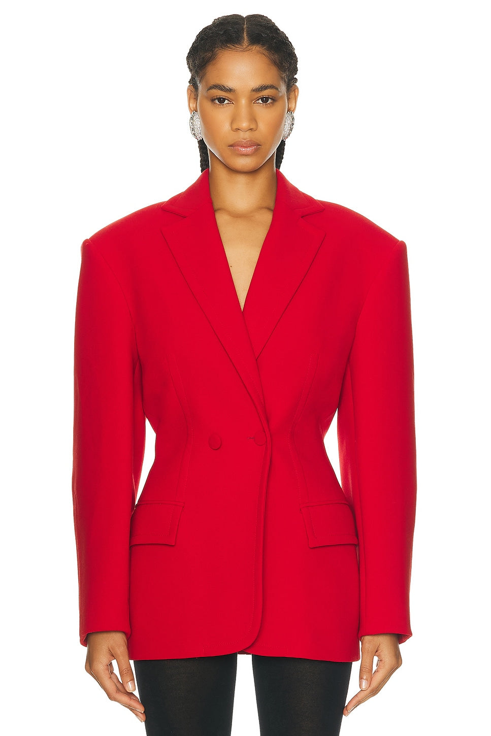 Unleash your confidence and style with the oversized wool-blend blazer from Magda Butrym. The oversized hourglass design, single-button closure, and adjustable cinched waist will have you taking on the world effortlessly. Boxy shoulders add a bold edge to your look, perfect for the risk-takers out there!