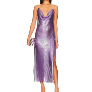 Take a walk on the wild side with the Gigi Dress. Make a statement in this bold and daring metal chainmail dress with a halter neck and side slit. Perfect for an adventurous evening out or a daring prom look. Let your inner risk-taker shine in this purple chain dress!